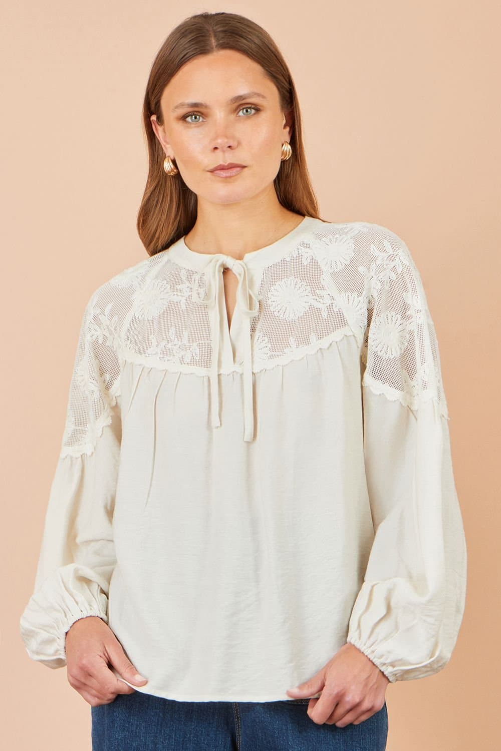 Yumi Yumi Women's Lace Relaxed Boho Shirt in Ivory