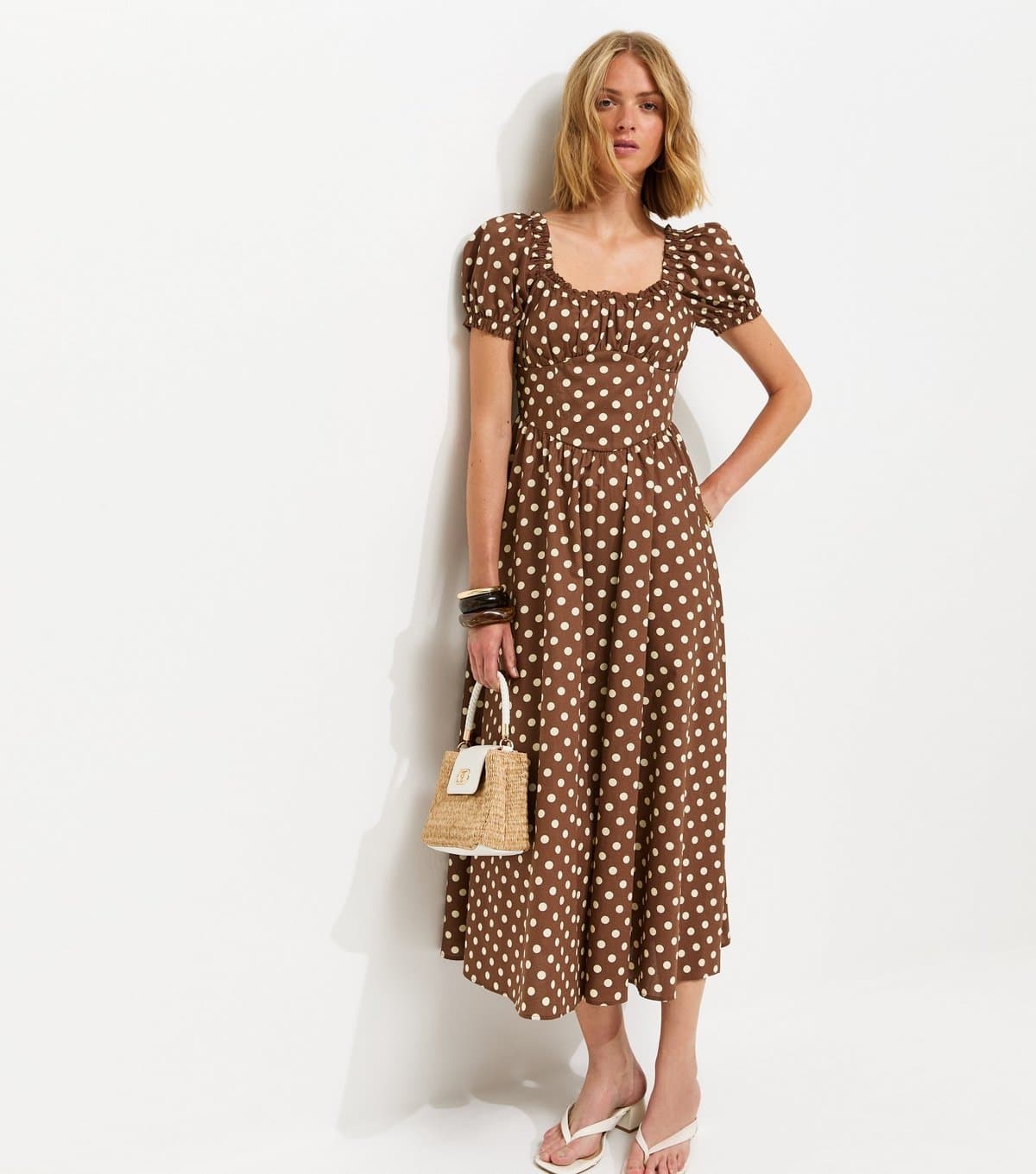 New Look Women's Brown Cotton Polka Dot Ruched Midi Dress New Look