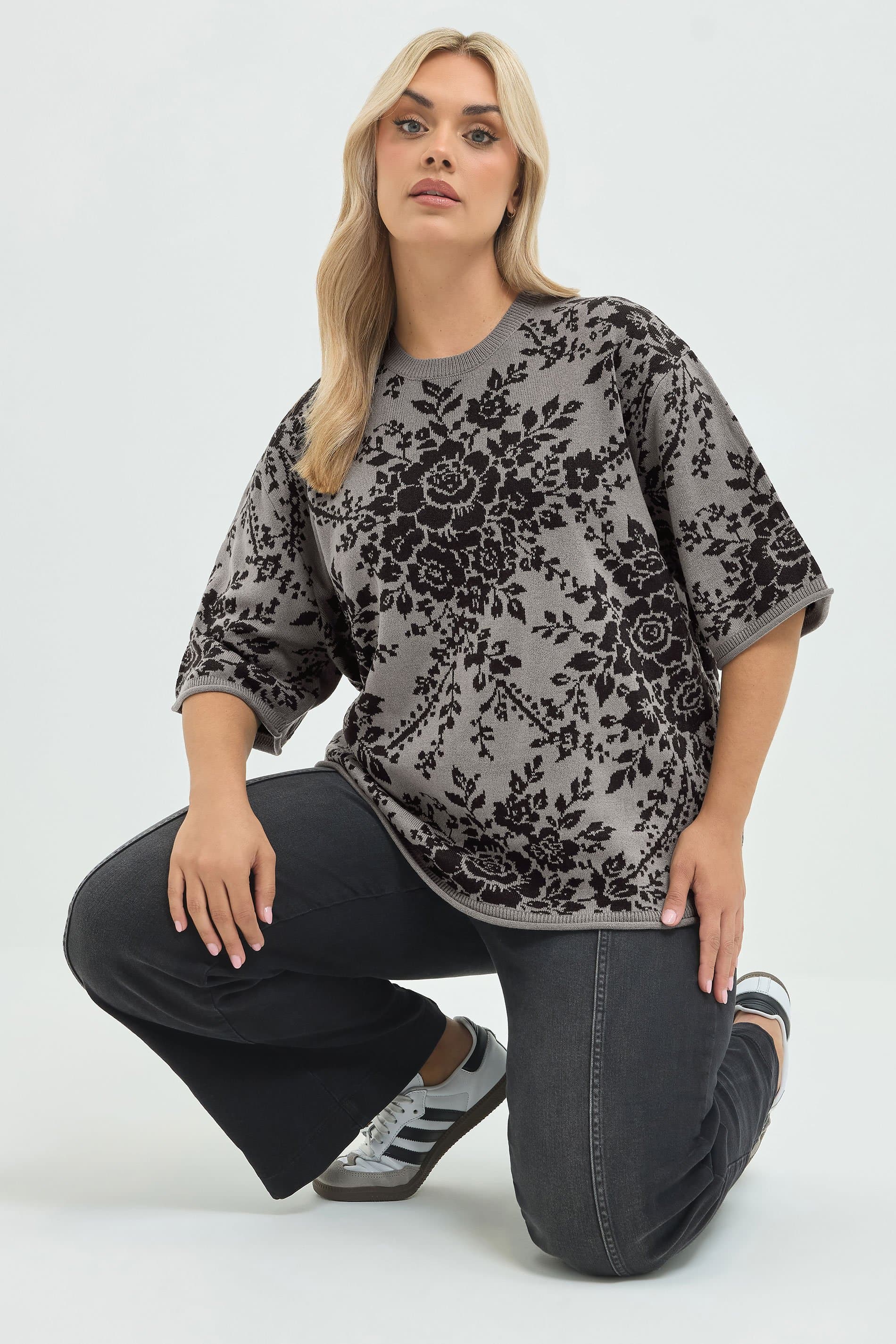 Limited Collection Plus Size Grey Lace Print Boxy Knitted Top