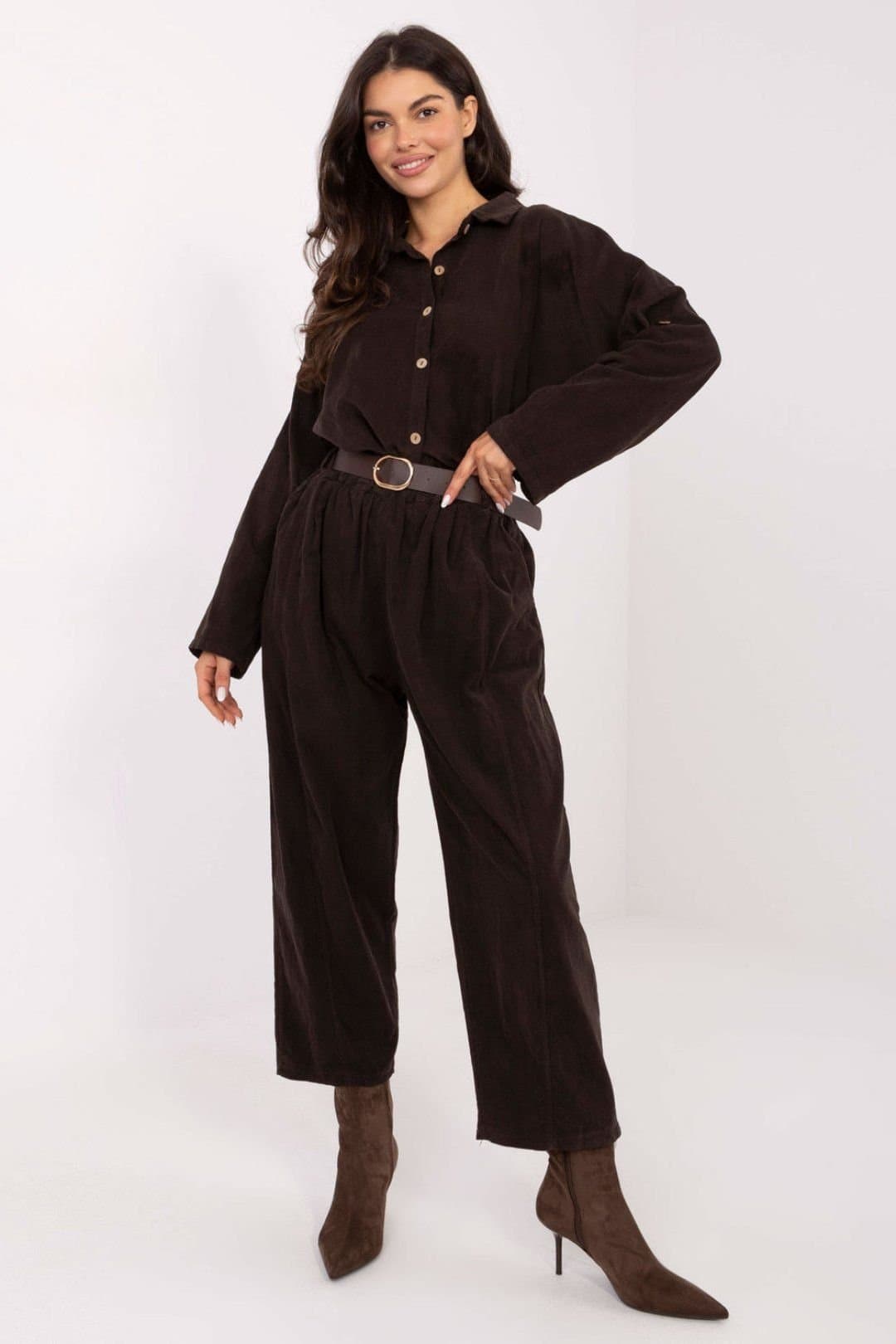 Love Lace Love Lace Women's Italian Corduroy High Waist Belt Trousers in Brown
