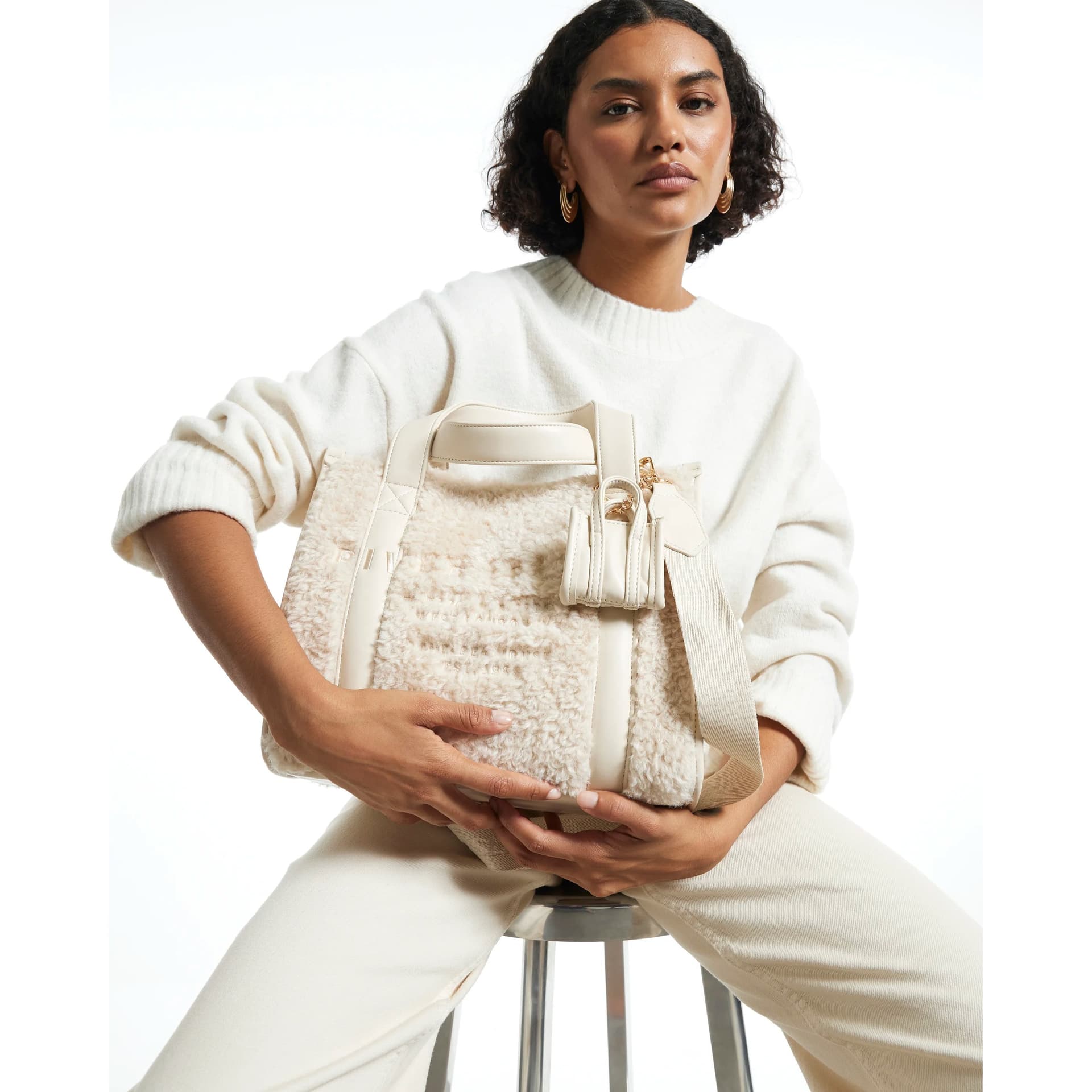 River Island River Island Womens Beige Embroidered Faux Fur Tote Bag