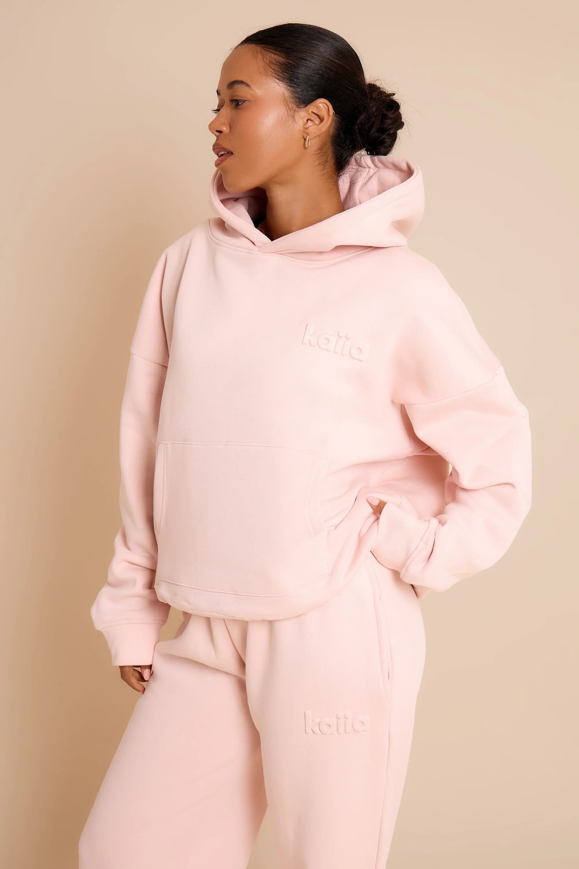 Kaiia Baby Pink Embossed Oversized Hoodie