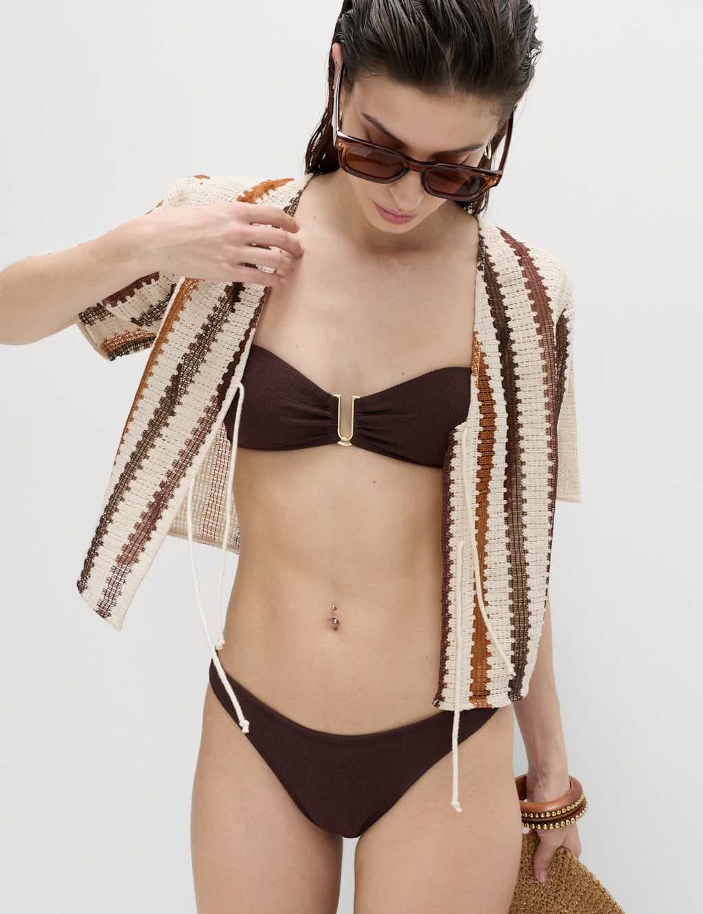 Marks & Spencer M&S Textured High Leg Bikini Bottoms Peat