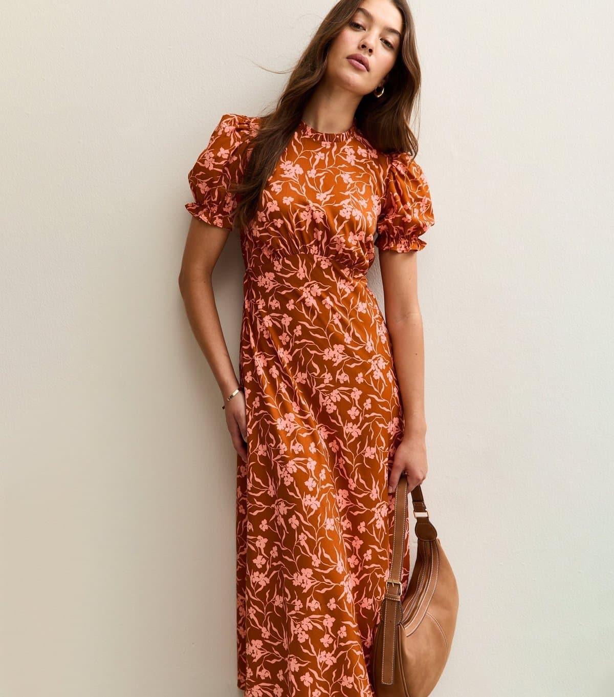 New Look Women's Orange Floral Print Short Sleeve Midi Dress New Look