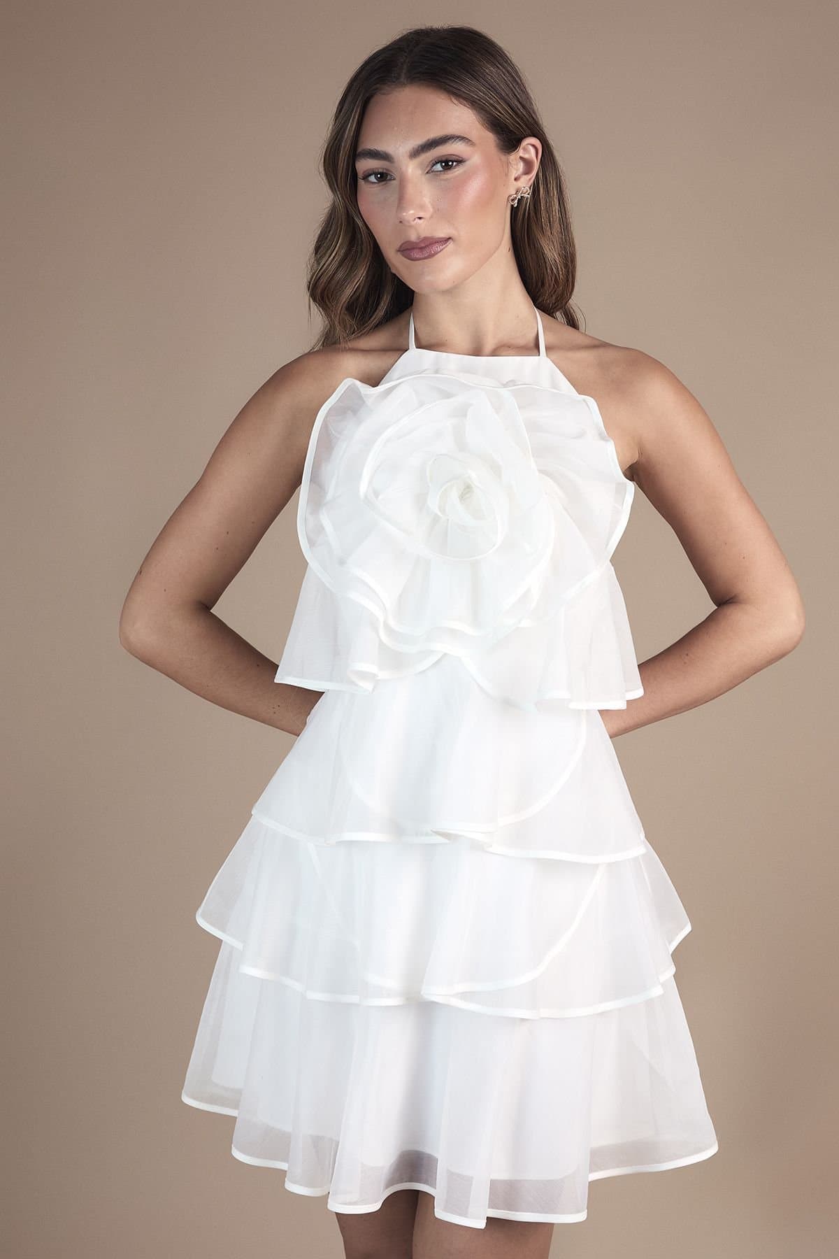 Coast Coast Women's Corsage Trim Layered Halter Neck bridal Mini Dress in Ivory