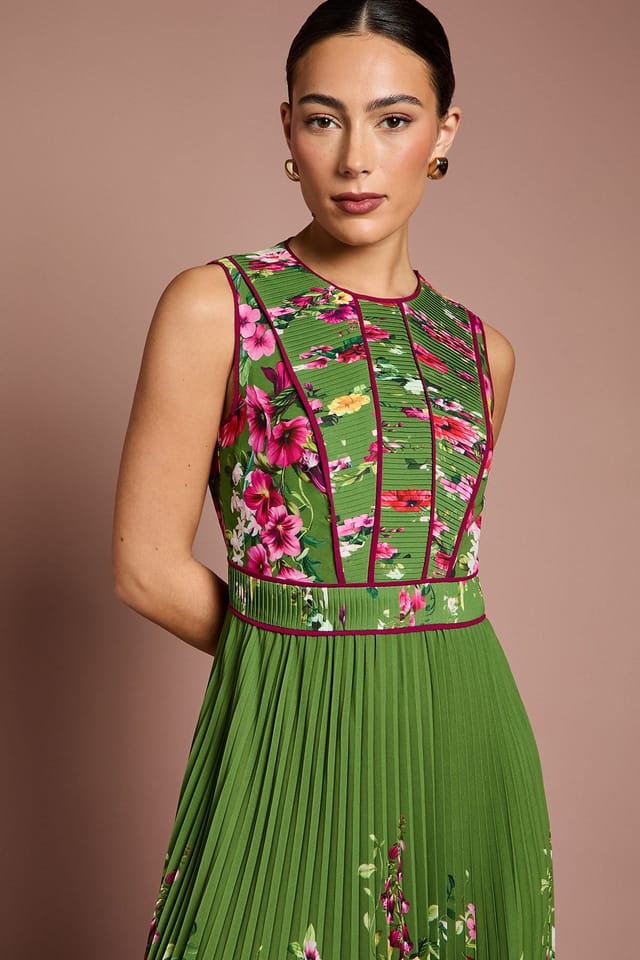 Coast Coast Women's Lisa Tan Pleated Piped Bodice Printed Midi Dress in Green - 2