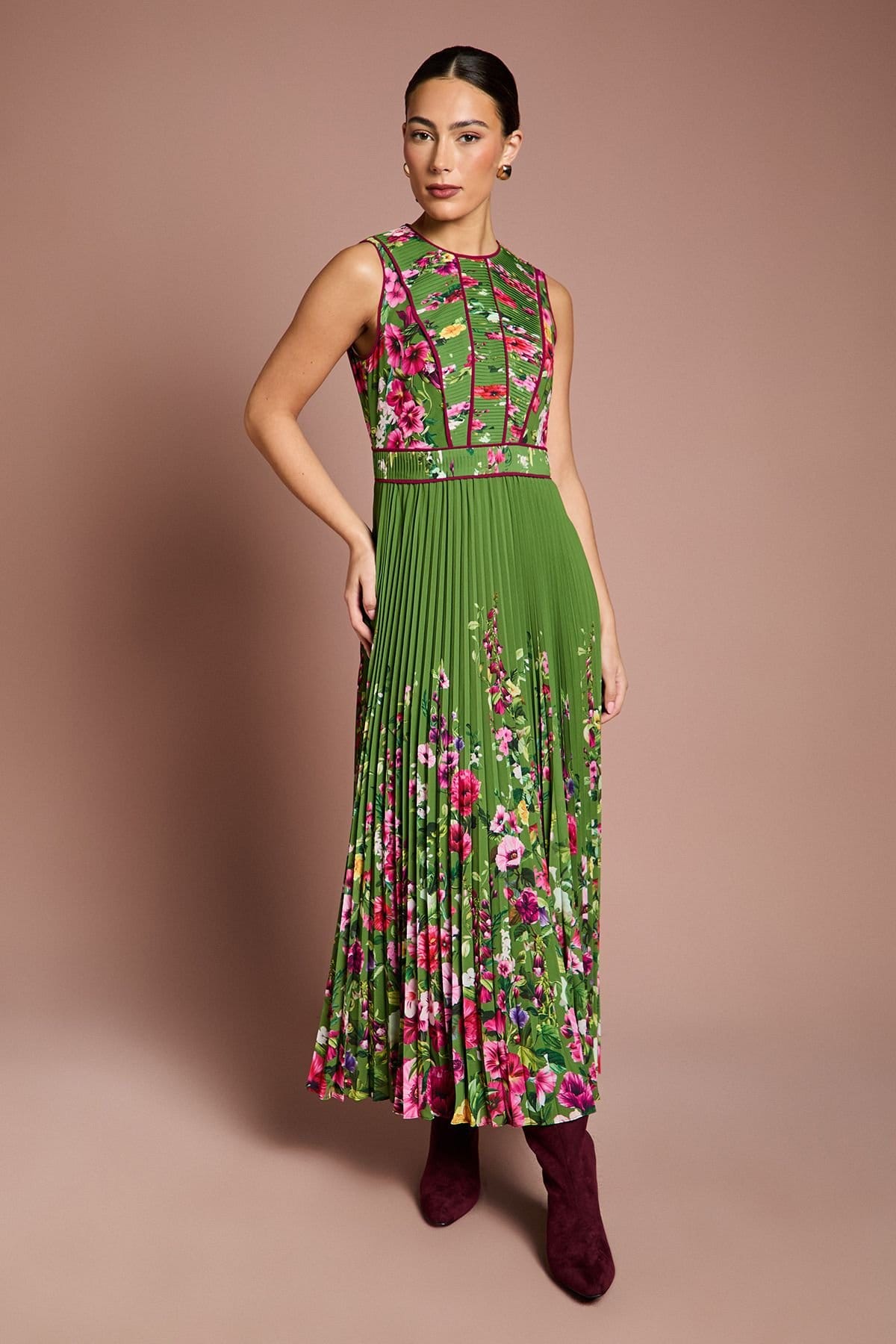 Coast Coast Women's Lisa Tan Pleated Piped Bodice Printed Midi Dress in Green - 4