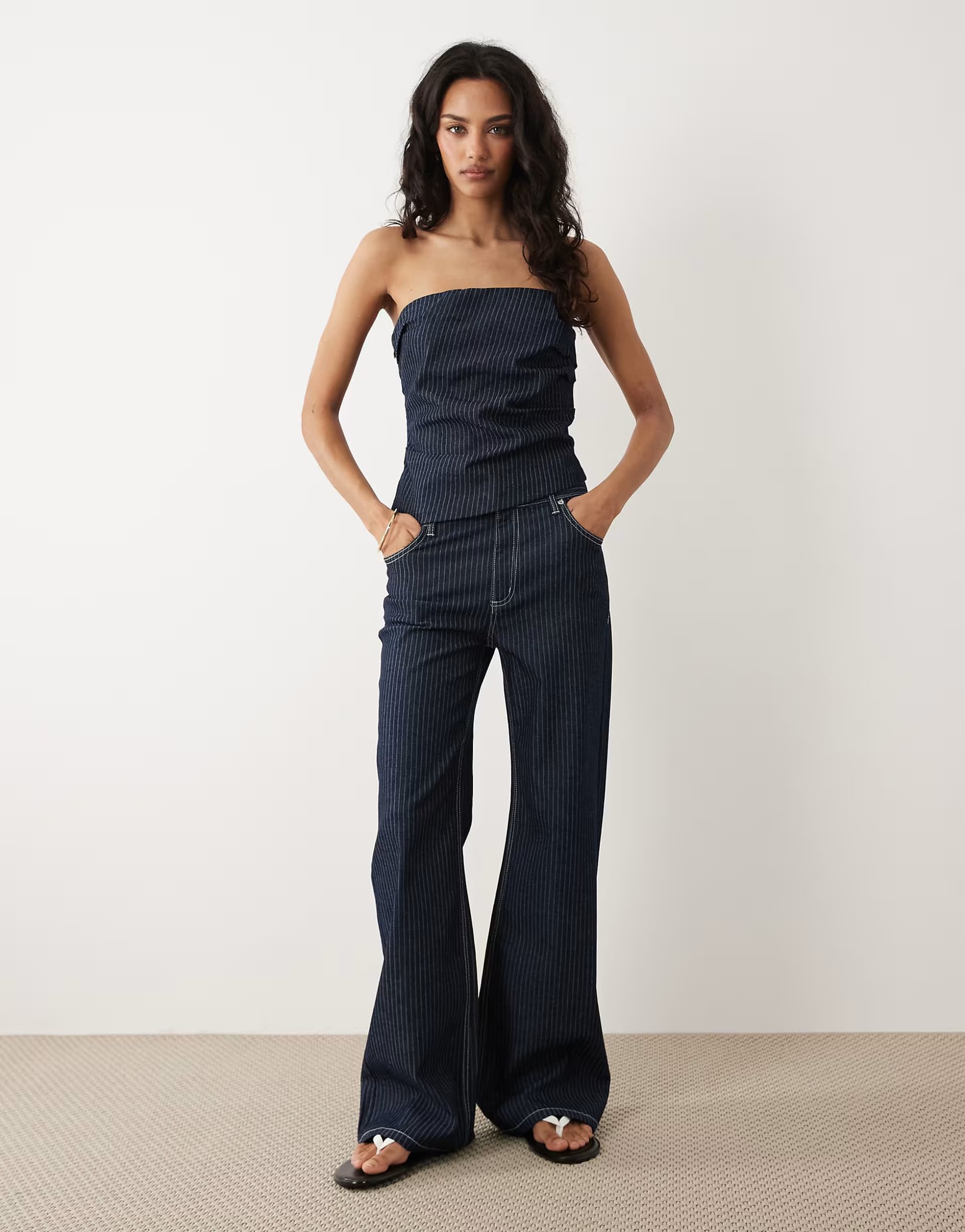 ASOS Mango Isola off shoulder denim top & jean co-ord in dark blue stripe