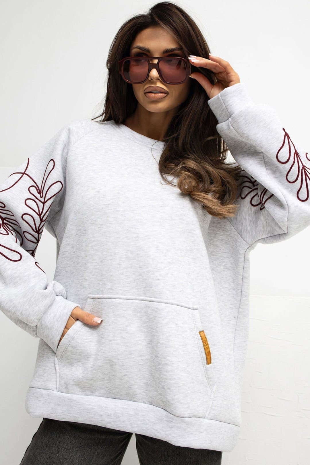 Love Lace Love Lace Women's Embroidered Sleeve Cotton Elastane Sweatshirt in Grey