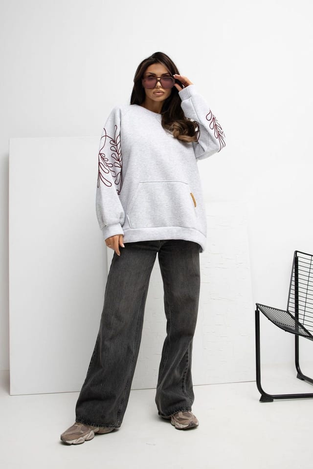 Love Lace Love Lace Women's Embroidered Sleeve Cotton Elastane Sweatshirt in Grey - 2