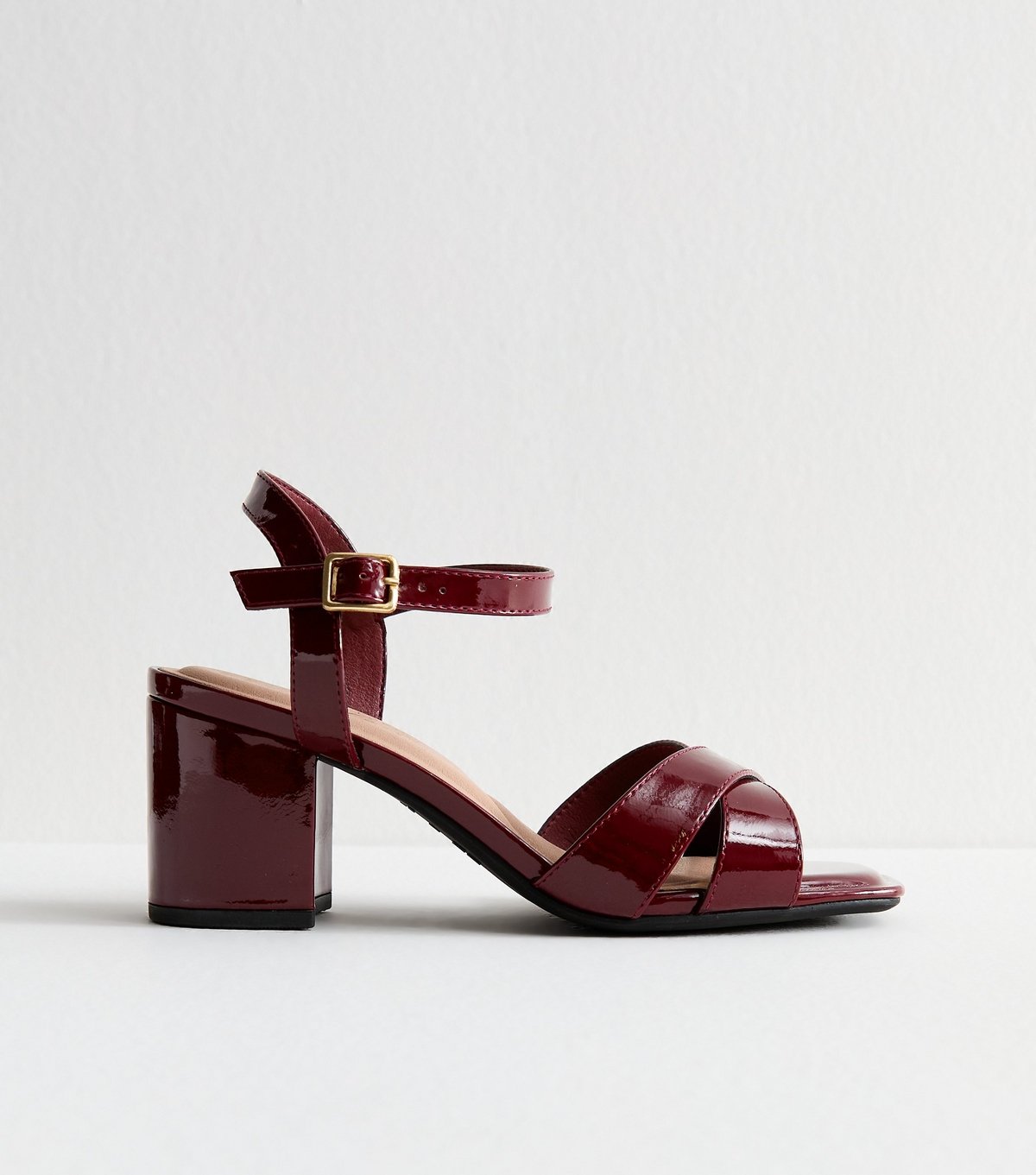 New Look Women's Wide Fit Dark Burgundy Faux Patent Leather Block Heel Sandals Vegan New Look - 2