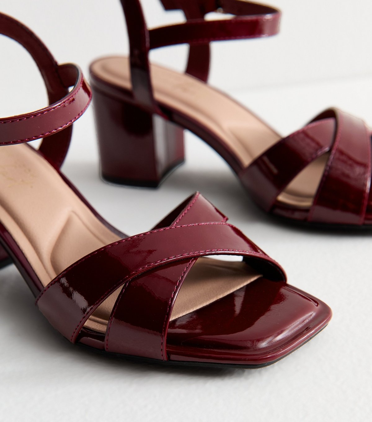 New Look Women's Wide Fit Dark Burgundy Faux Patent Leather Block Heel Sandals Vegan New Look - 3