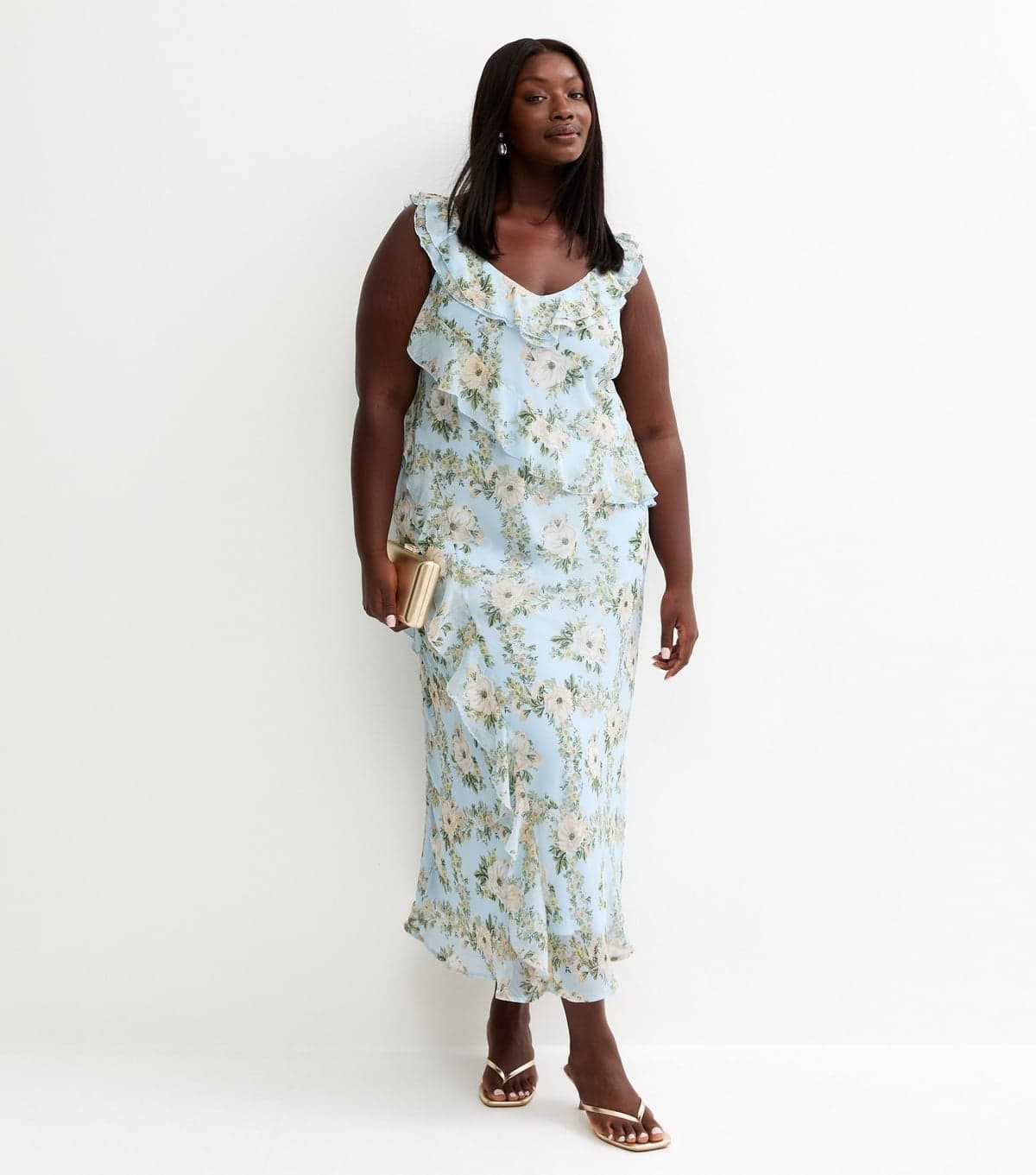 New Look Women's Plus Size Light Blue Floral Chiffon Ruffle Midi Dress Curves New Look