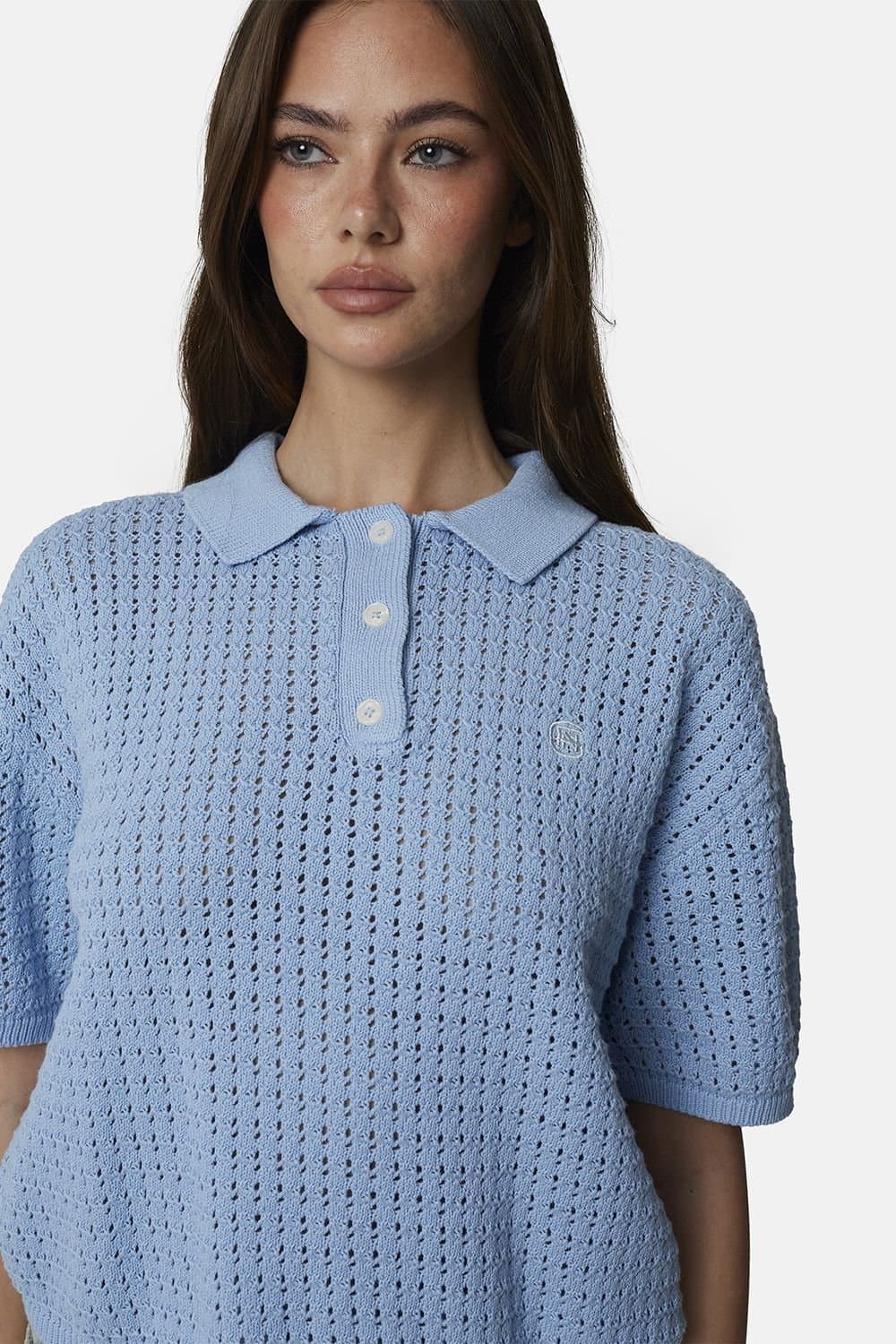 GOOD FOR NOTHING Good For Nothing Women's Cropped Pointelle Knit Polo Shirt in Blue