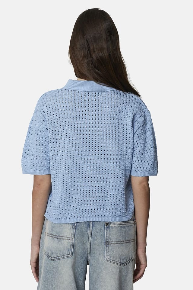 Good For Nothing Good For Nothing Women's Cropped Pointelle Knit Polo Shirt in Blue - 2