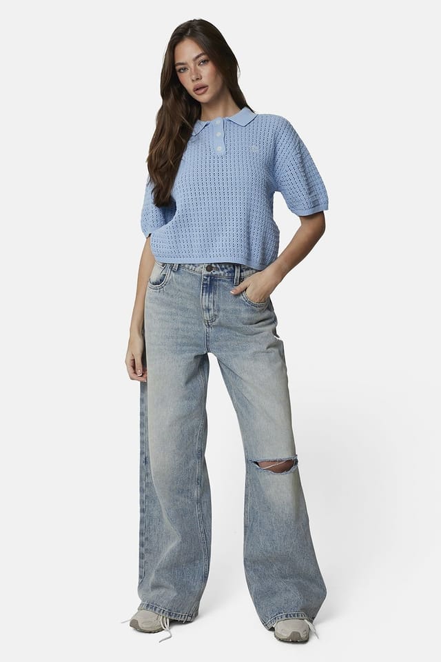 Good For Nothing Good For Nothing Women's Cropped Pointelle Knit Polo Shirt in Blue - 3