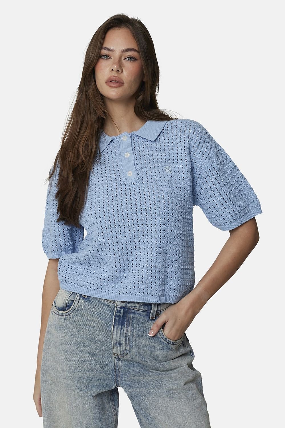 Good For Nothing Good For Nothing Women's Cropped Pointelle Knit Polo Shirt in Blue - 4