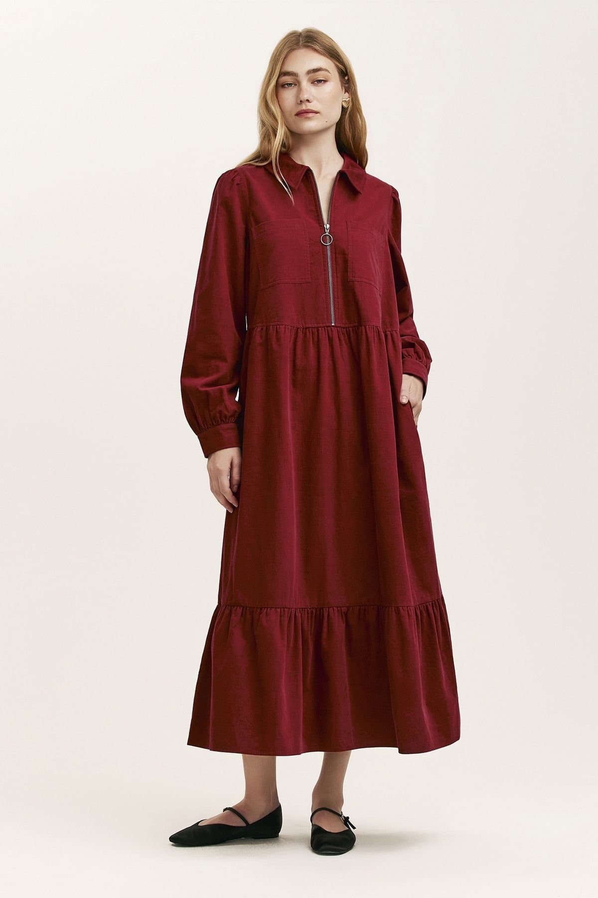 Finery London Finery London Women's Callie Corduroy Tiered Midi Dress in Maroon