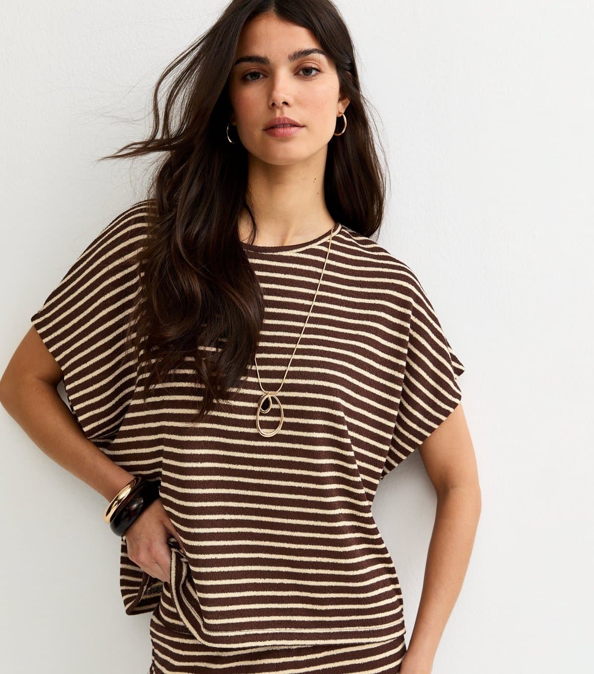 New Look Women's Brown Textured Soft Touch Stripe Top New Look