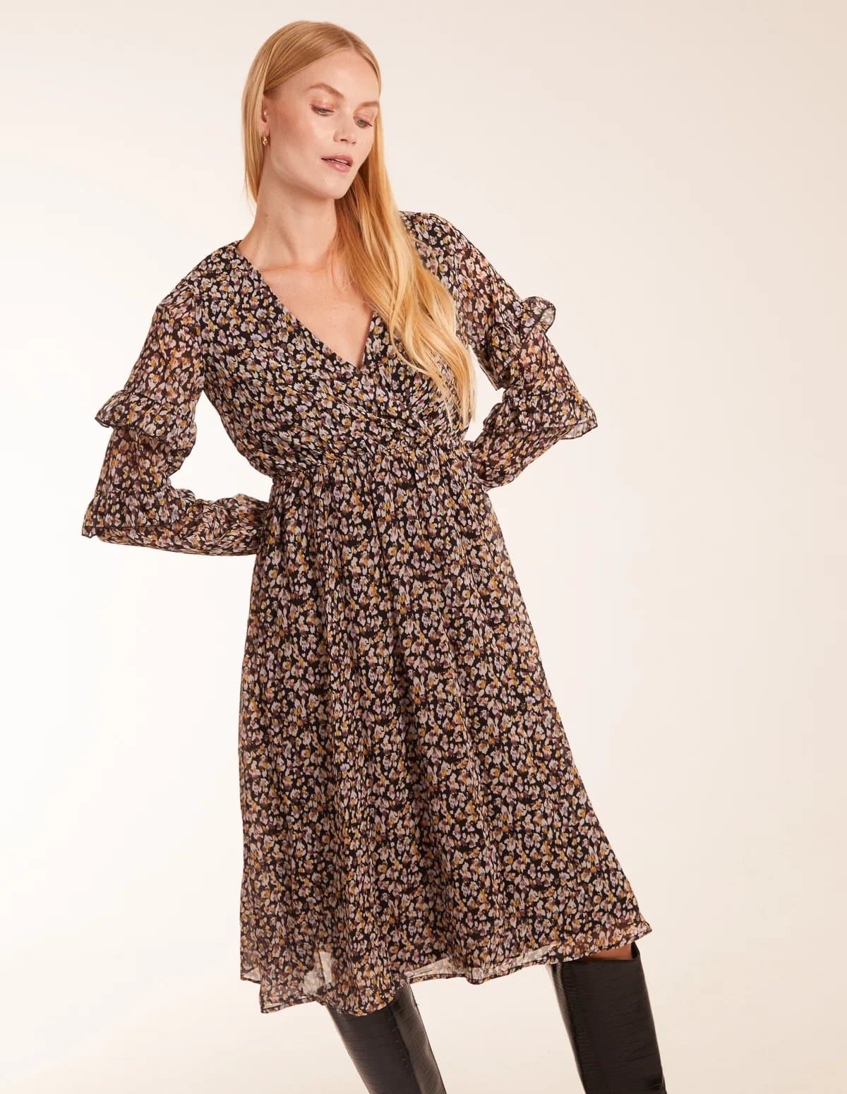 Blue Vanilla V Neck Frill Sleeve Wrap Midi Dress