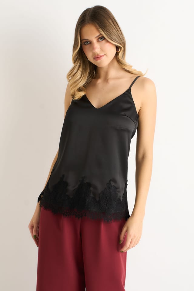 Gini London Gini London Women's Black Lace Trim Satin Cami Top - 2