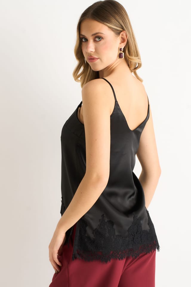 Gini London Gini London Women's Black Lace Trim Satin Cami Top - 3