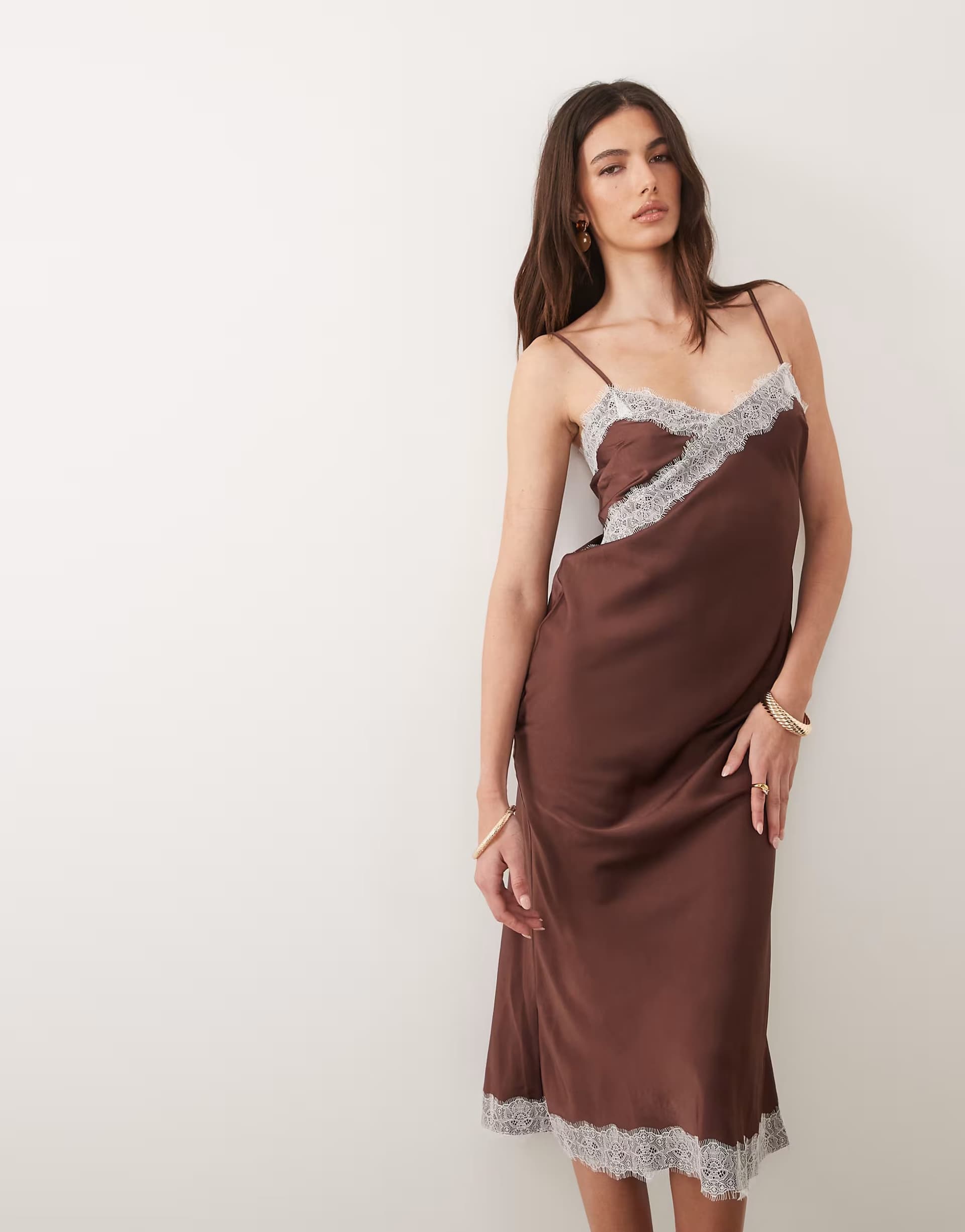 ASOS New Look contrast lace strappy satin midi dress in brown