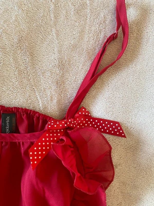 Knickerbox knickerbox red sheer mesh cami with ruffle and polka dot bow