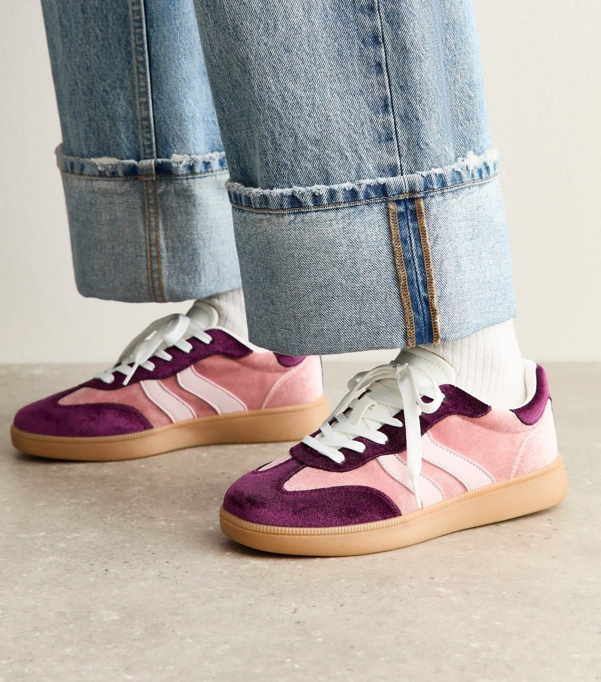 New Look Women's Light Pink Velvet Contrast Panel Trainer Vegan New Look