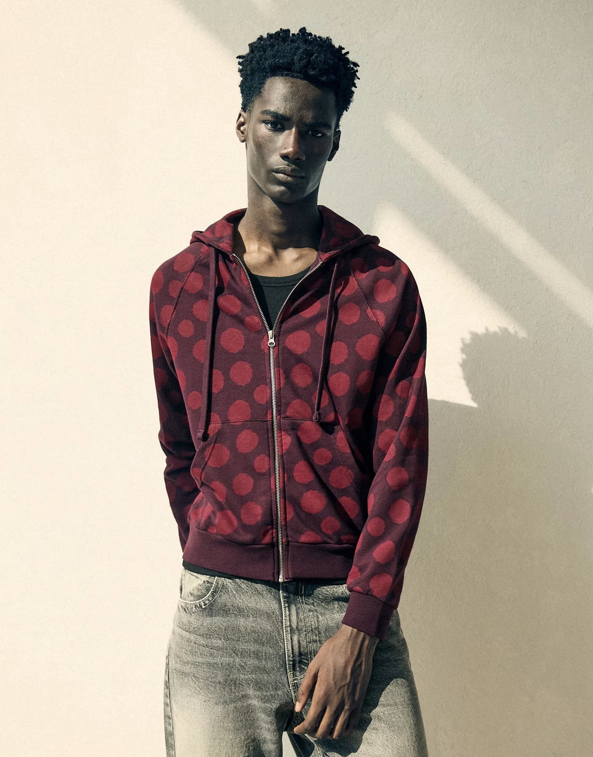 ASOS Bershka Hooded zip-up print sweatshirt in burgundy