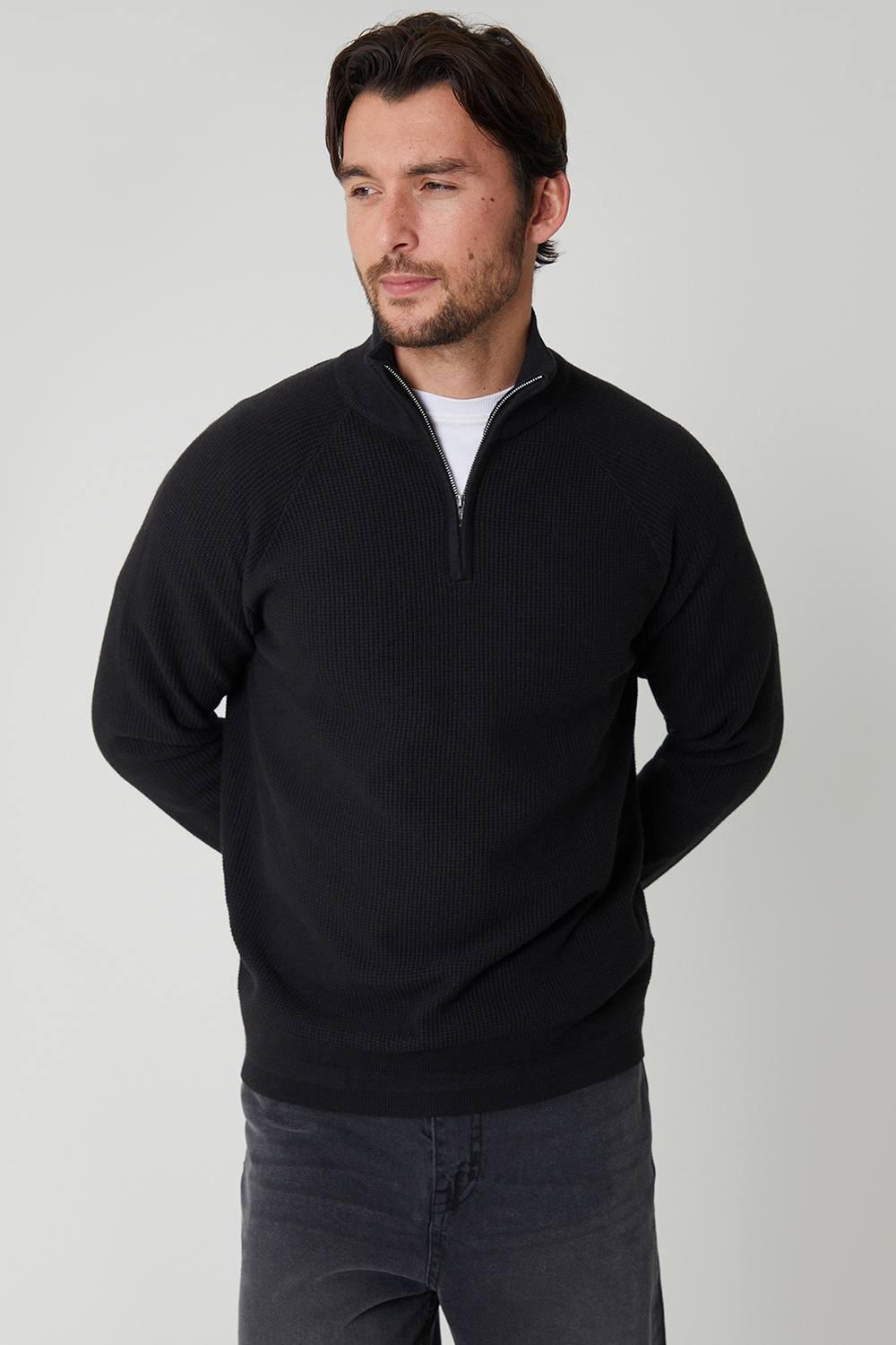 Threadbare Threadbare Men's Waffle Knit Raglan Quarter Zip Jumper in Black - 2