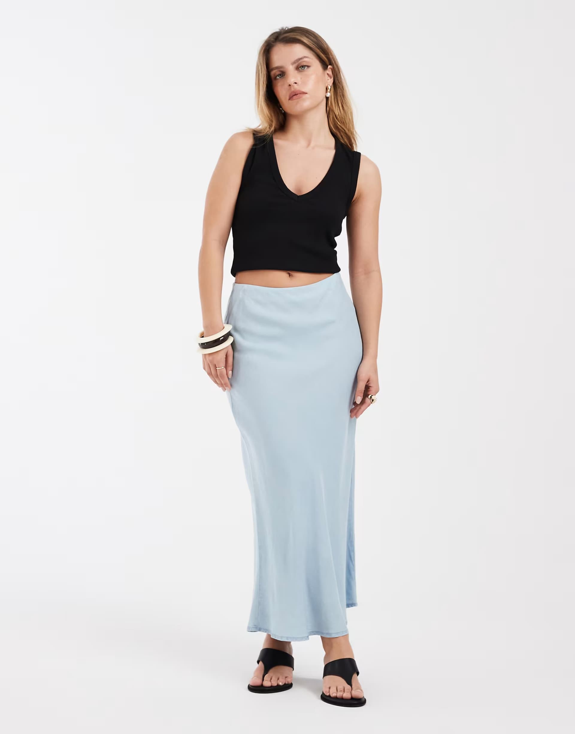 ASOS ONLY Petite chambray denim maxi skirt in light blue