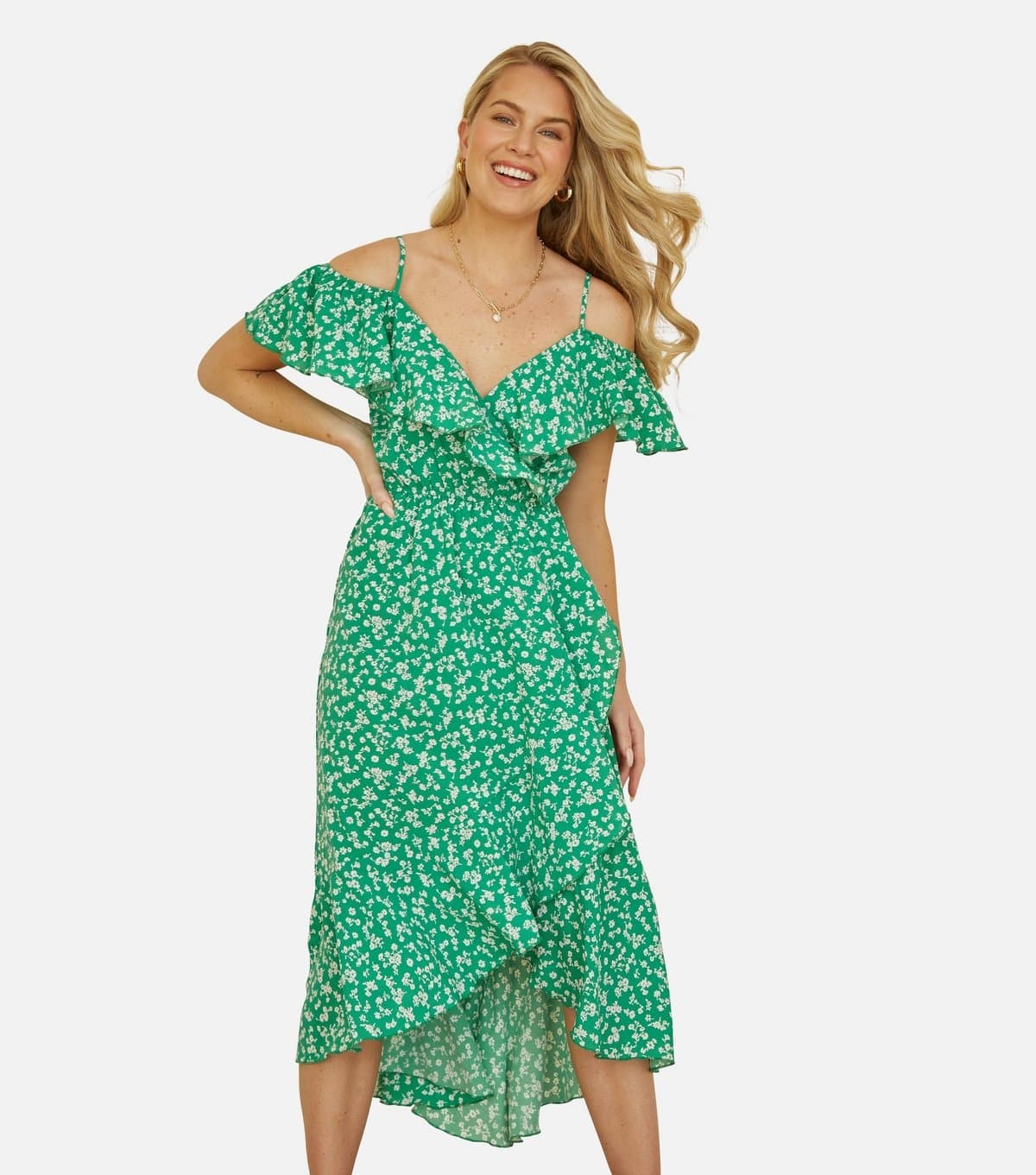 Yumi Women's Light Grey Floral Print Bardot Midi Dress Yumi New Look