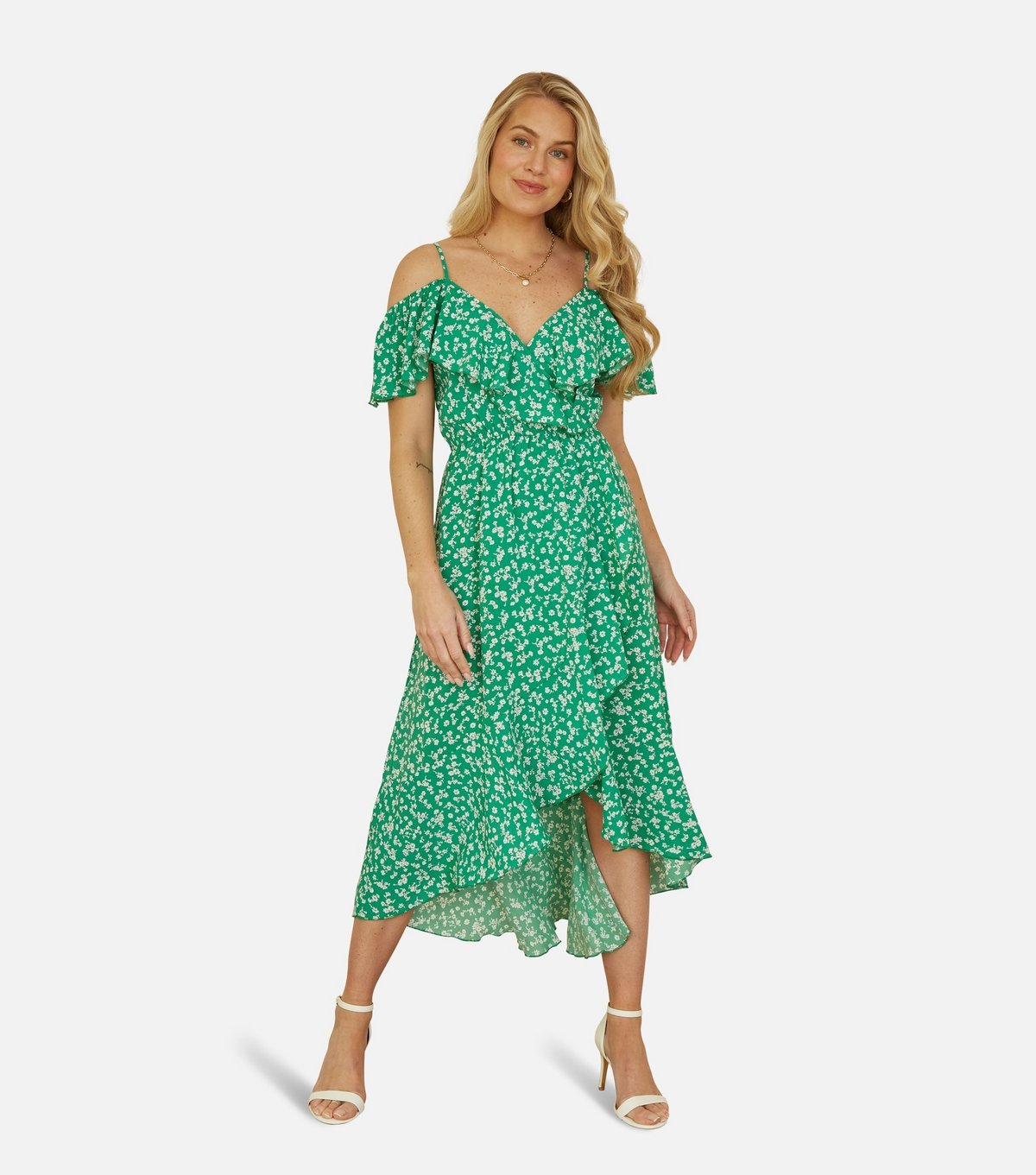 Yumi Women's Light Grey Floral Print Bardot Midi Dress Yumi New Look - 2