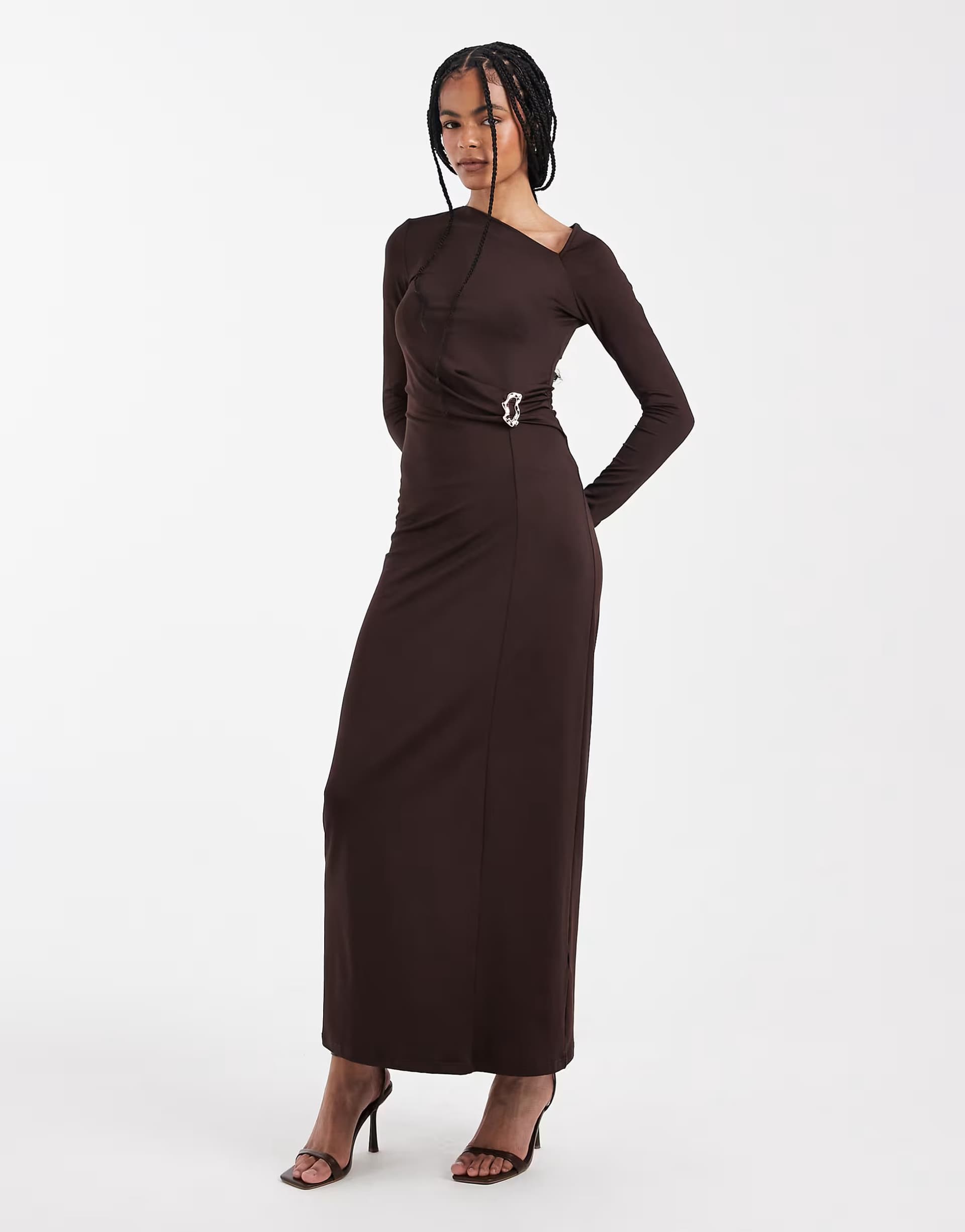 ASOS 4th & Reckless double layered slinky cut out shoulder detail metal hardware waist maxi dress in chocolate
