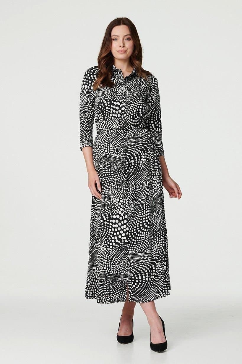 Izabel London Izabel London Women's Dotty Print 3/4 Sleeve Shirt Dress in Black