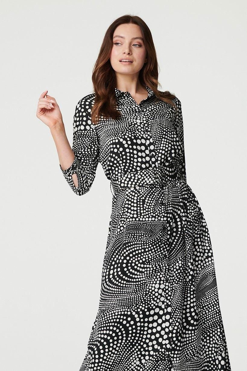 Izabel London Izabel London Women's Dotty Print 3/4 Sleeve Shirt Dress in Black - 4
