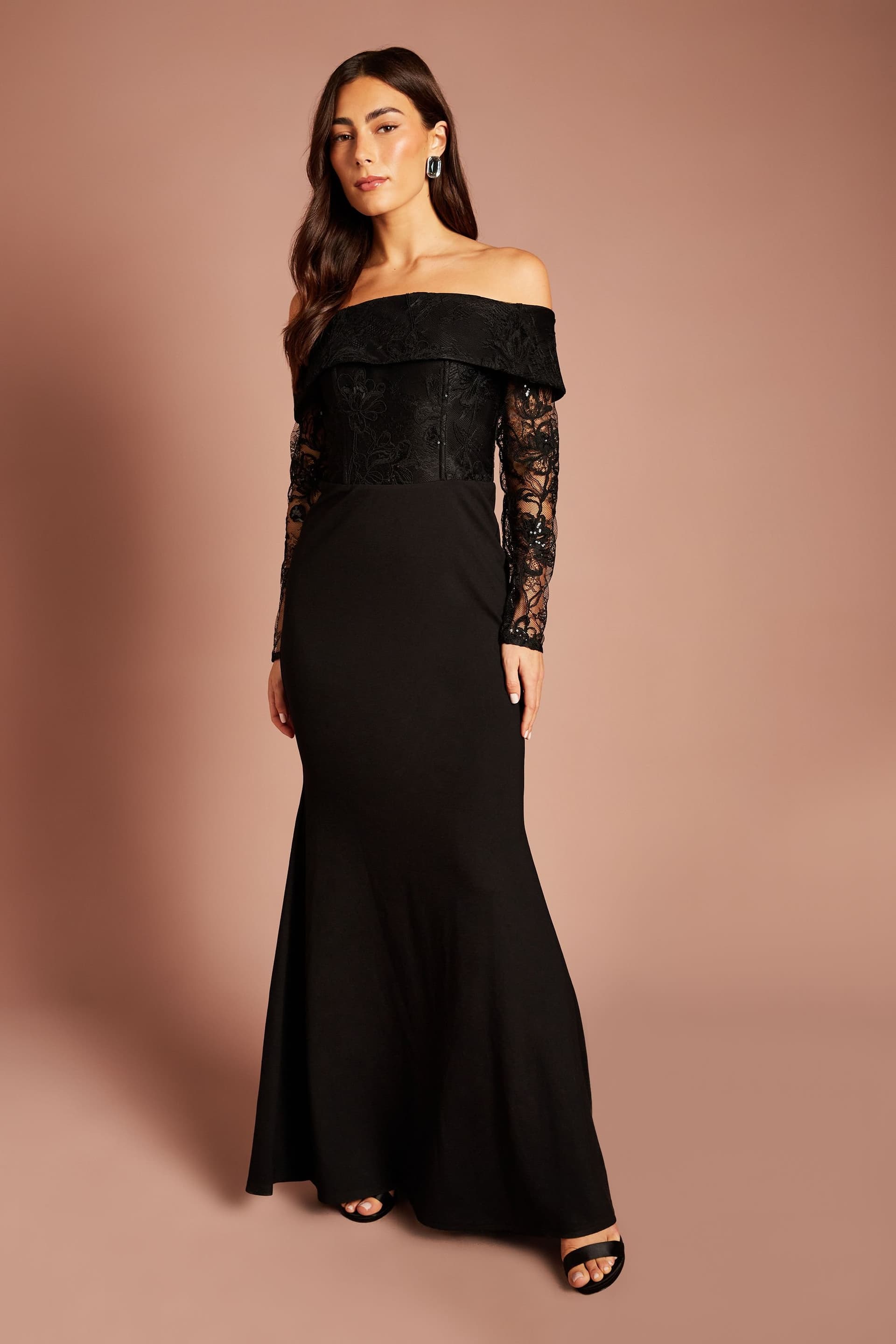 Coast Coast Women's Bardot Ponte Dress With Lace Long Sleeves in Black