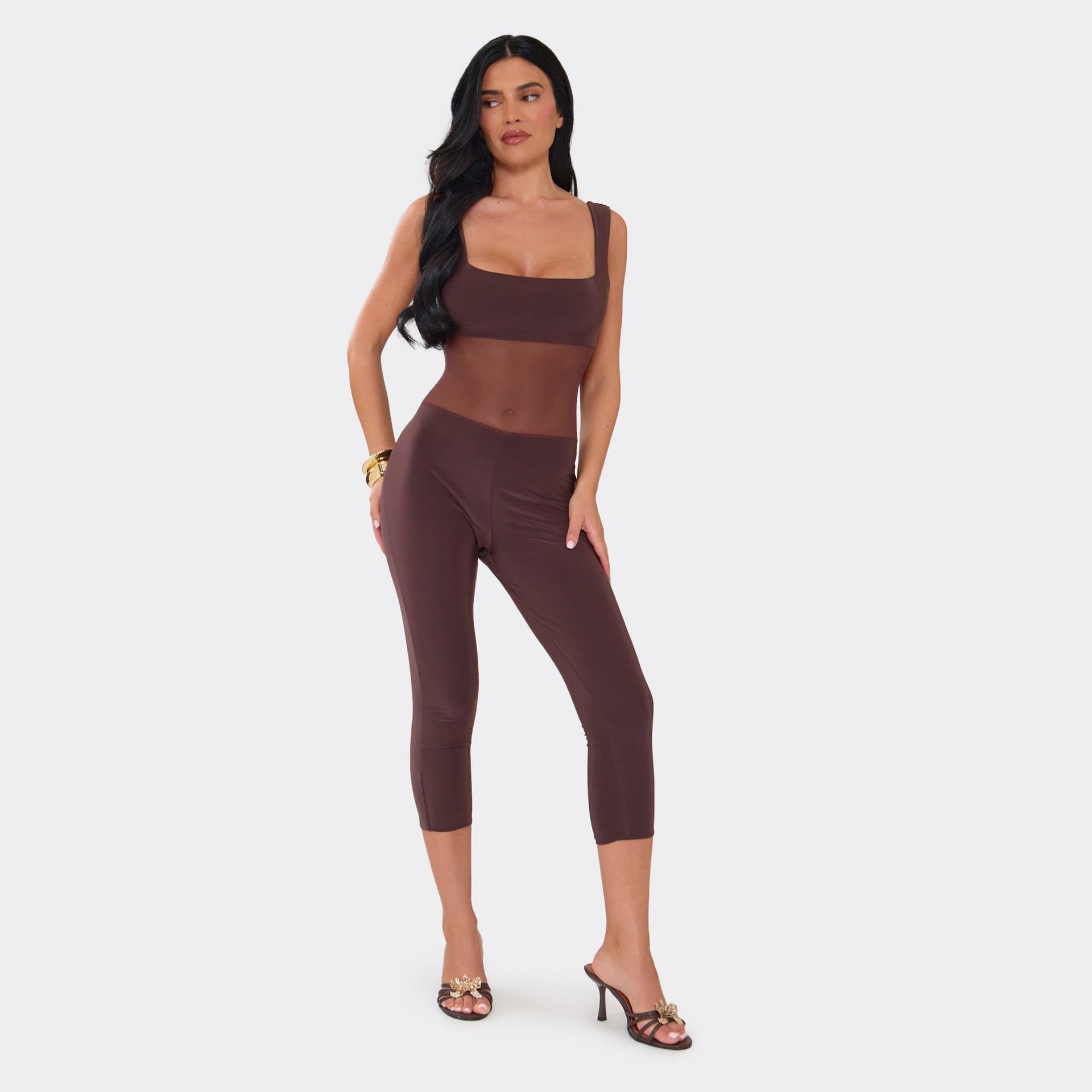 EGO Square Neck Mesh Insert Capri Jumpsuit In Chocolate, Women's Size UK 6
