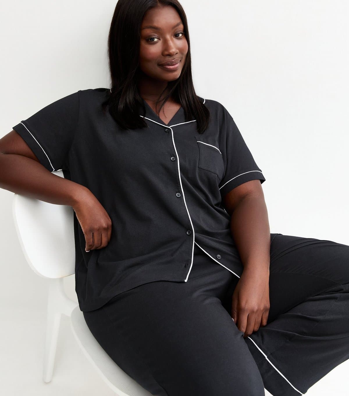New Look Women's Plus Size Black Jersey Revere Collar Pyjama Set Curves New Look