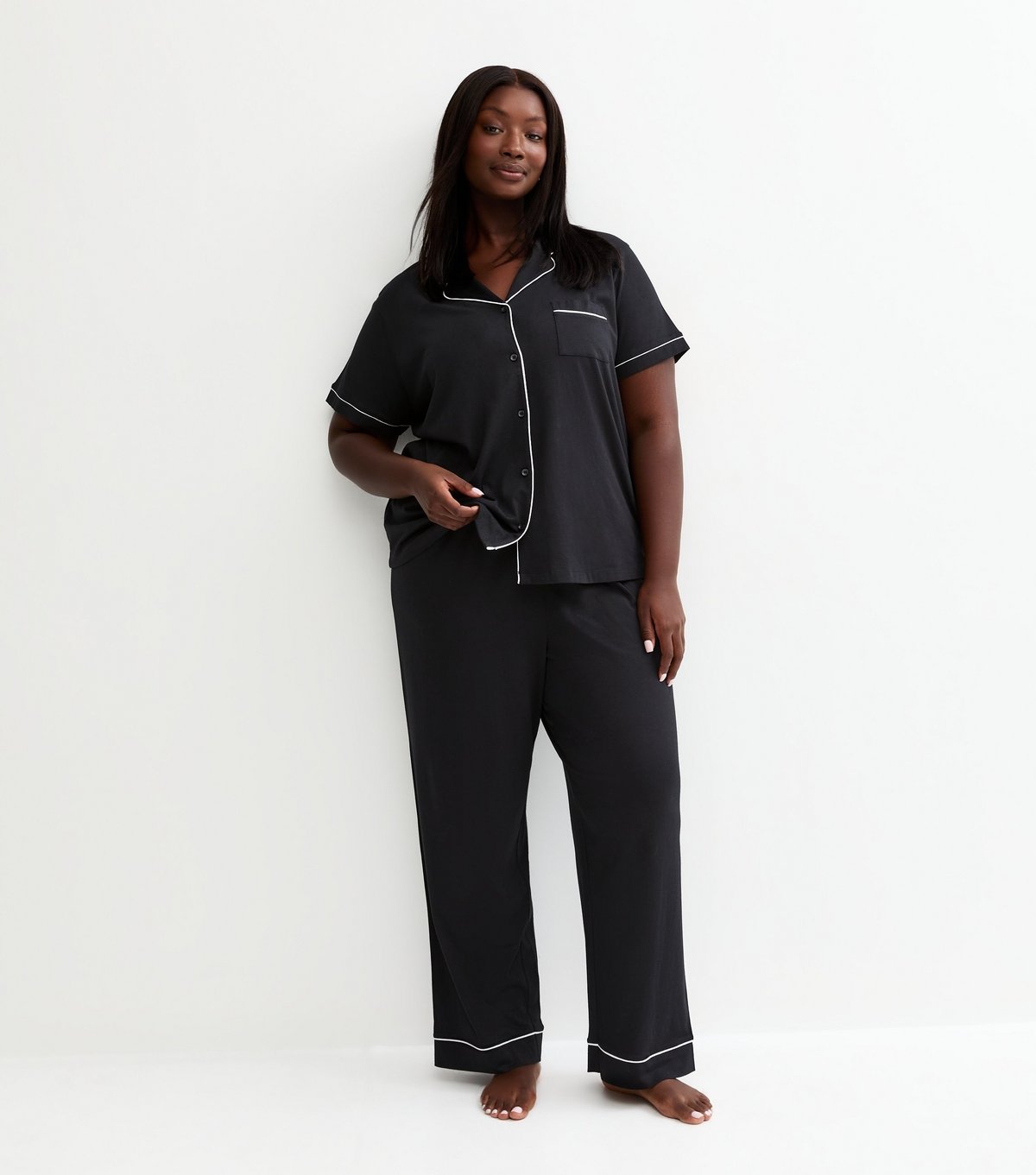 New Look Women's Plus Size Black Jersey Revere Collar Pyjama Set Curves New Look - 2