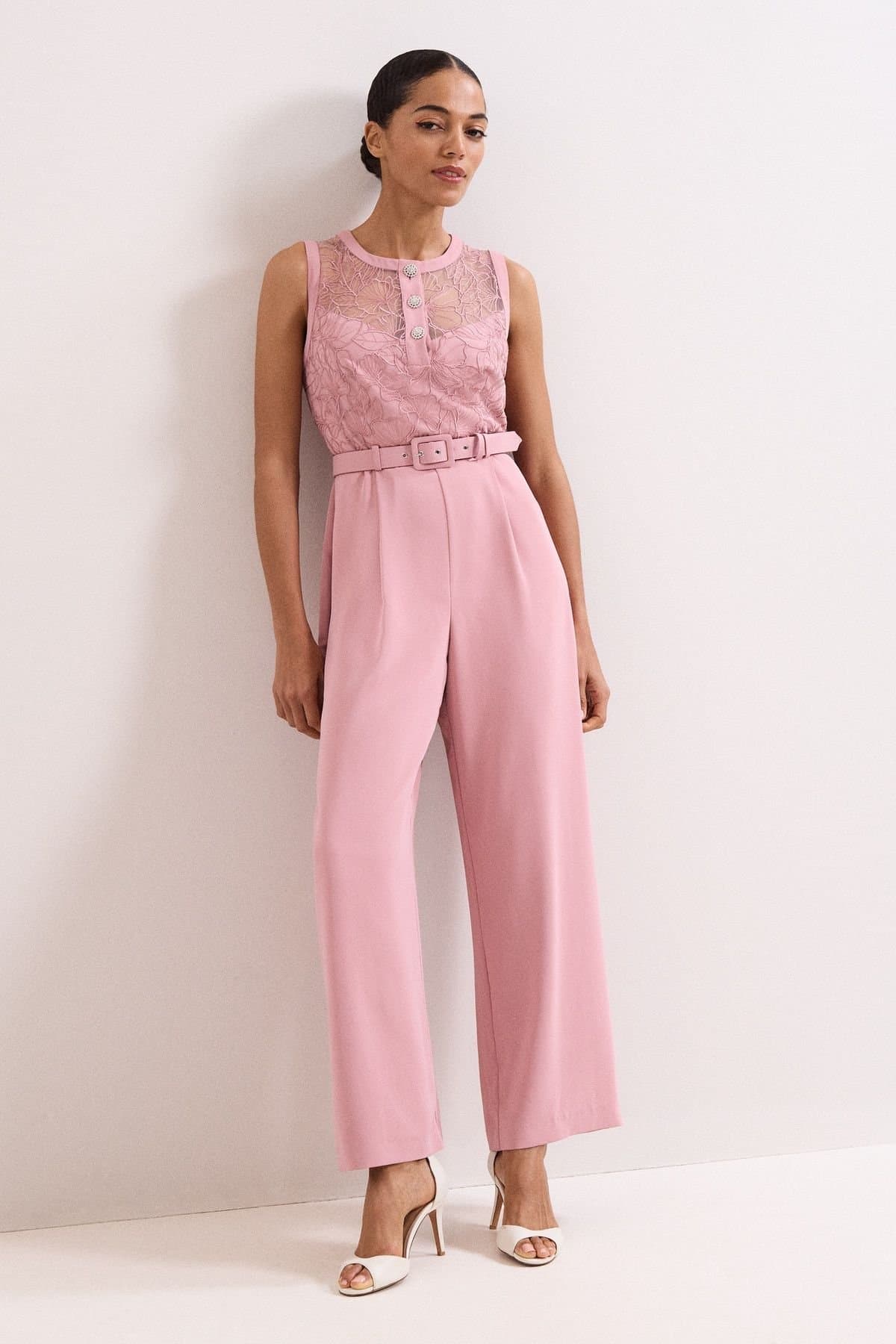 Phase Eight Phase Eight Women's Ivanna Lace Bodice Belted Jumpsuit in Dusty Pink