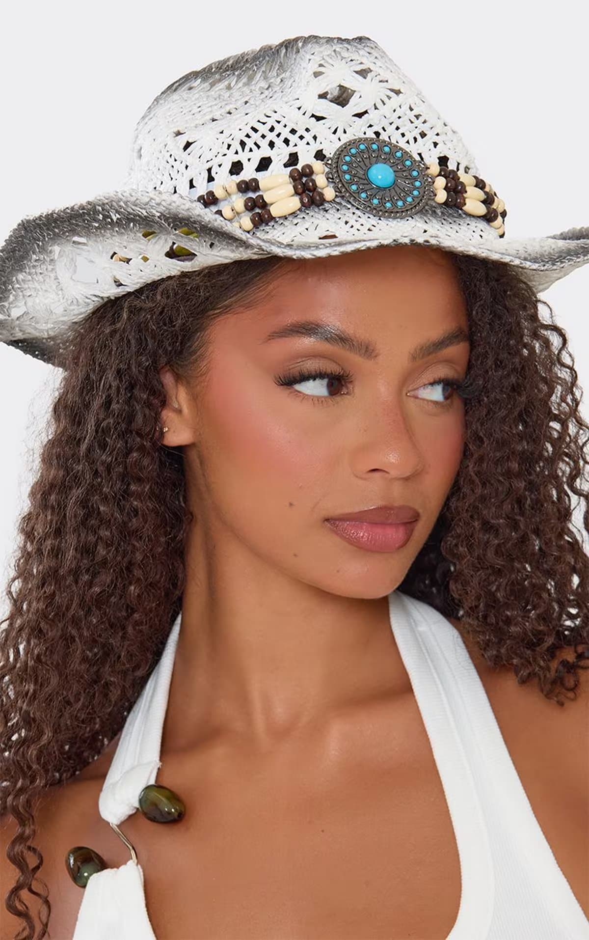 EGO Beaded Detail Western Cowboy Hat In White Woven., Women's Size UK 0