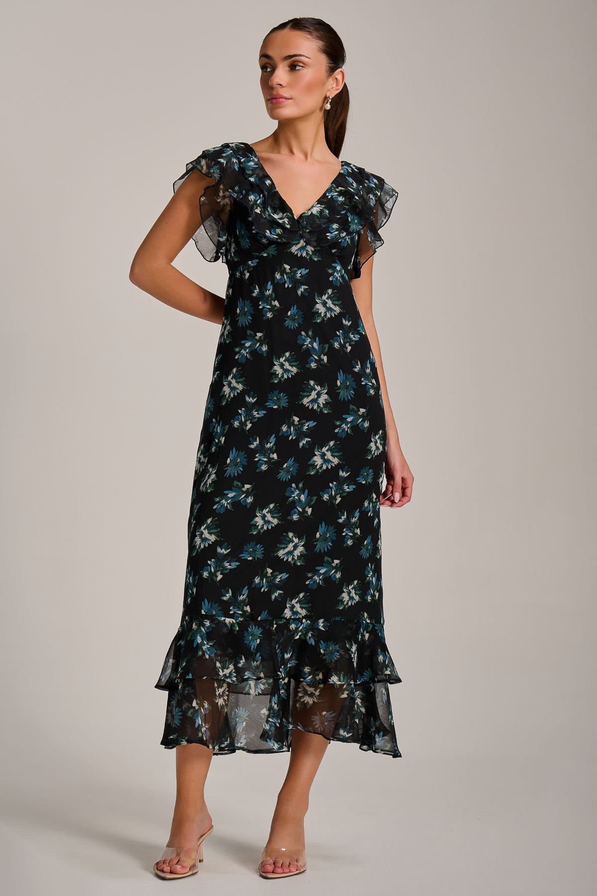 Jolie Moi Jolie Moi Women's Ruffle V Neckline Chiffon Midaxi Dress in Navy