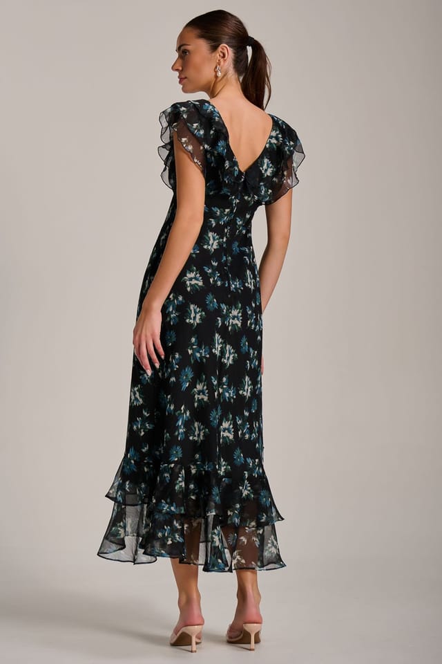 Jolie Moi Jolie Moi Women's Ruffle V Neckline Chiffon Midaxi Dress in Navy - 2