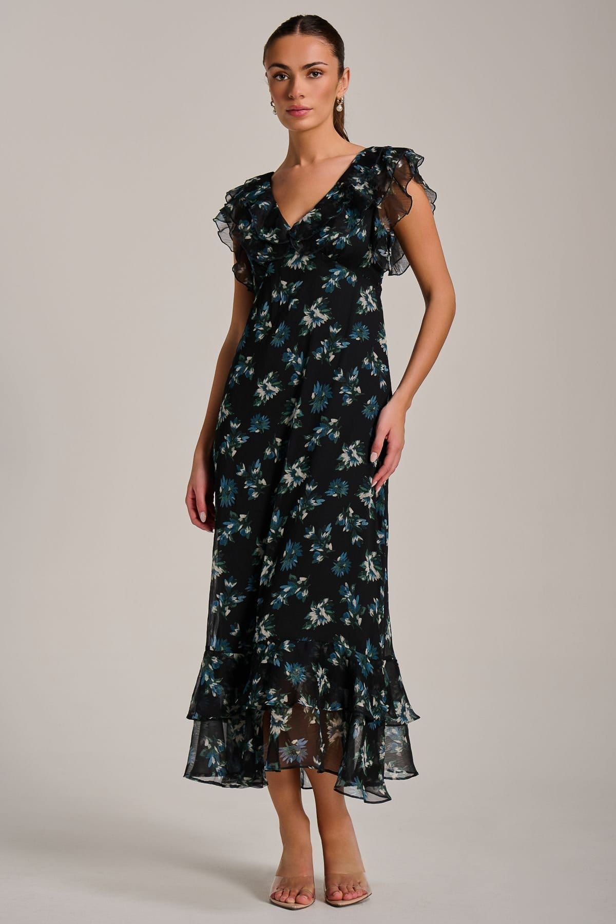 Jolie Moi Jolie Moi Women's Ruffle V Neckline Chiffon Midaxi Dress in Navy - 4