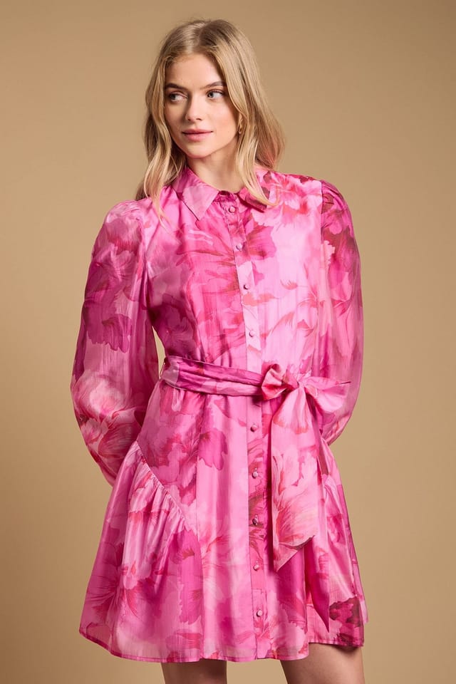 Oasis Oasis Women's Belt Detail Volume Sleeve Shirt Dress in Pink - 2