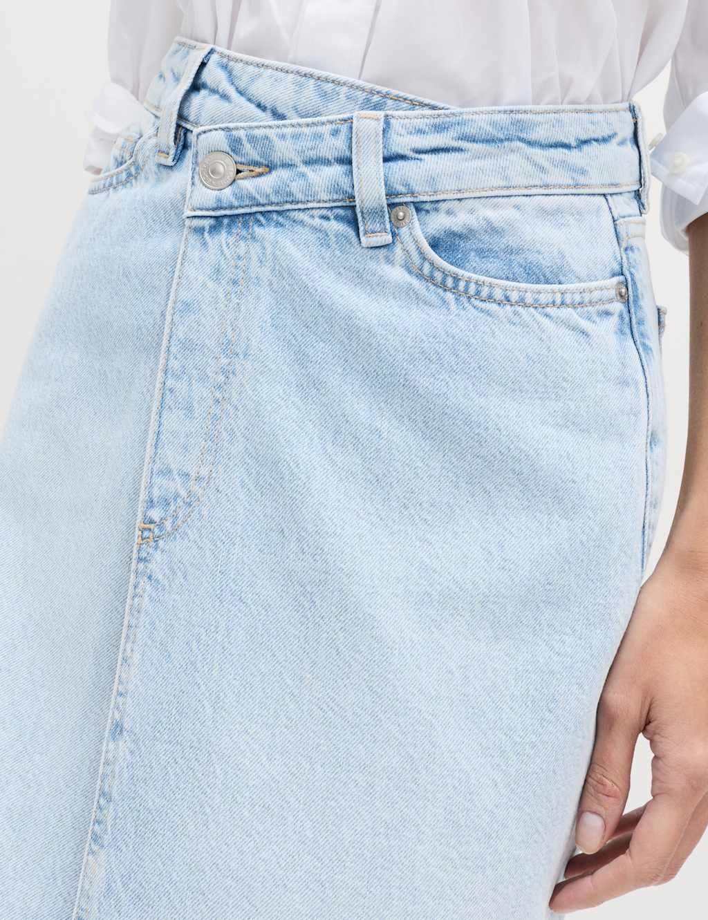 Marks & Spencer M&S Pure Cotton Denim Asymmetric Midi Wrap Skirt Light Indigo - 2