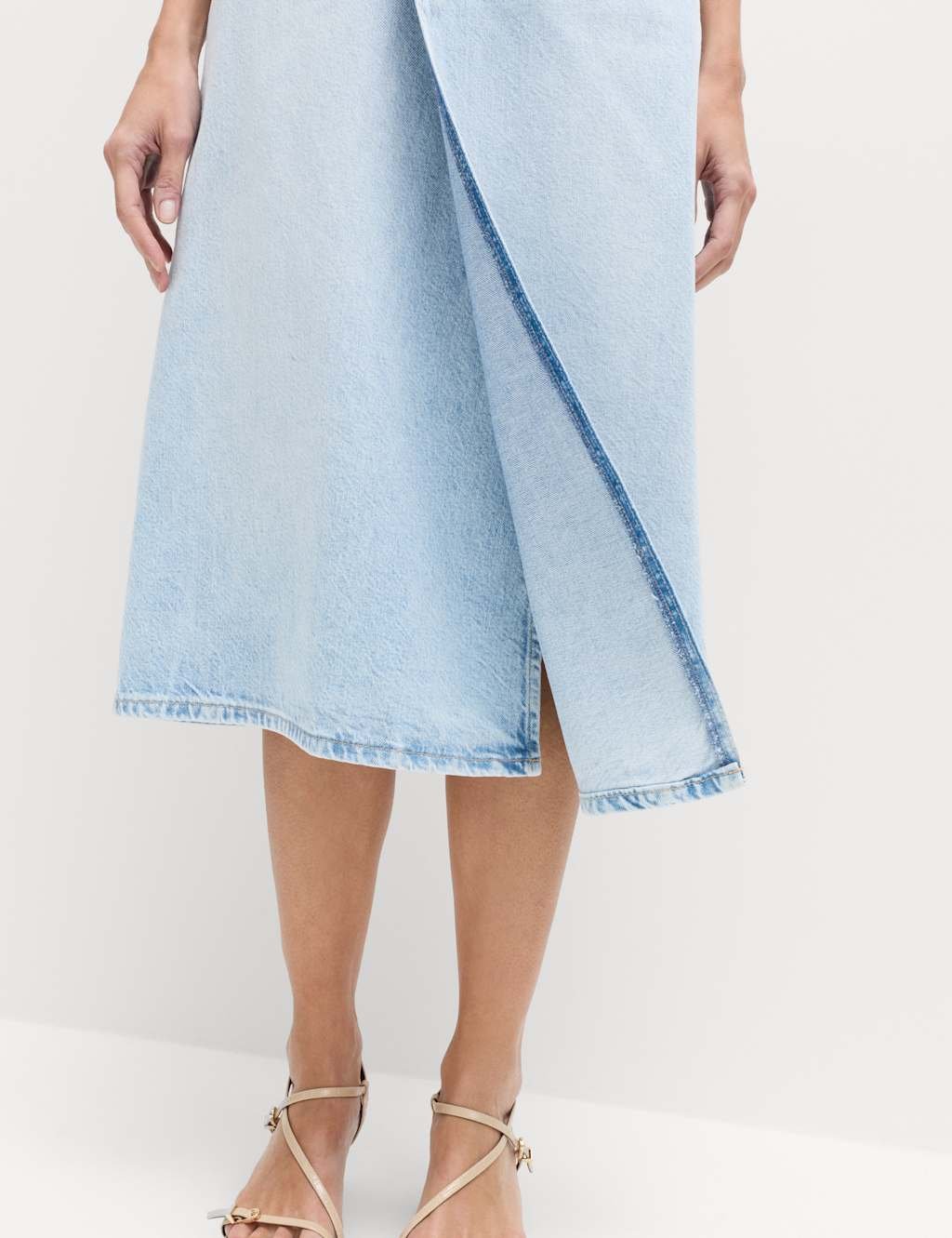 Marks & Spencer M&S Pure Cotton Denim Asymmetric Midi Wrap Skirt Light Indigo - 4