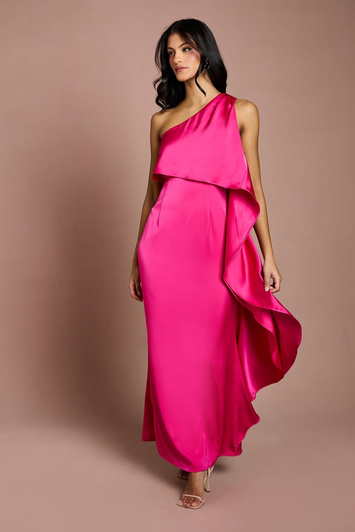 Coast Coast Women's Petite Waterfall One Shoulder Satin Maxi Dress in Magenta